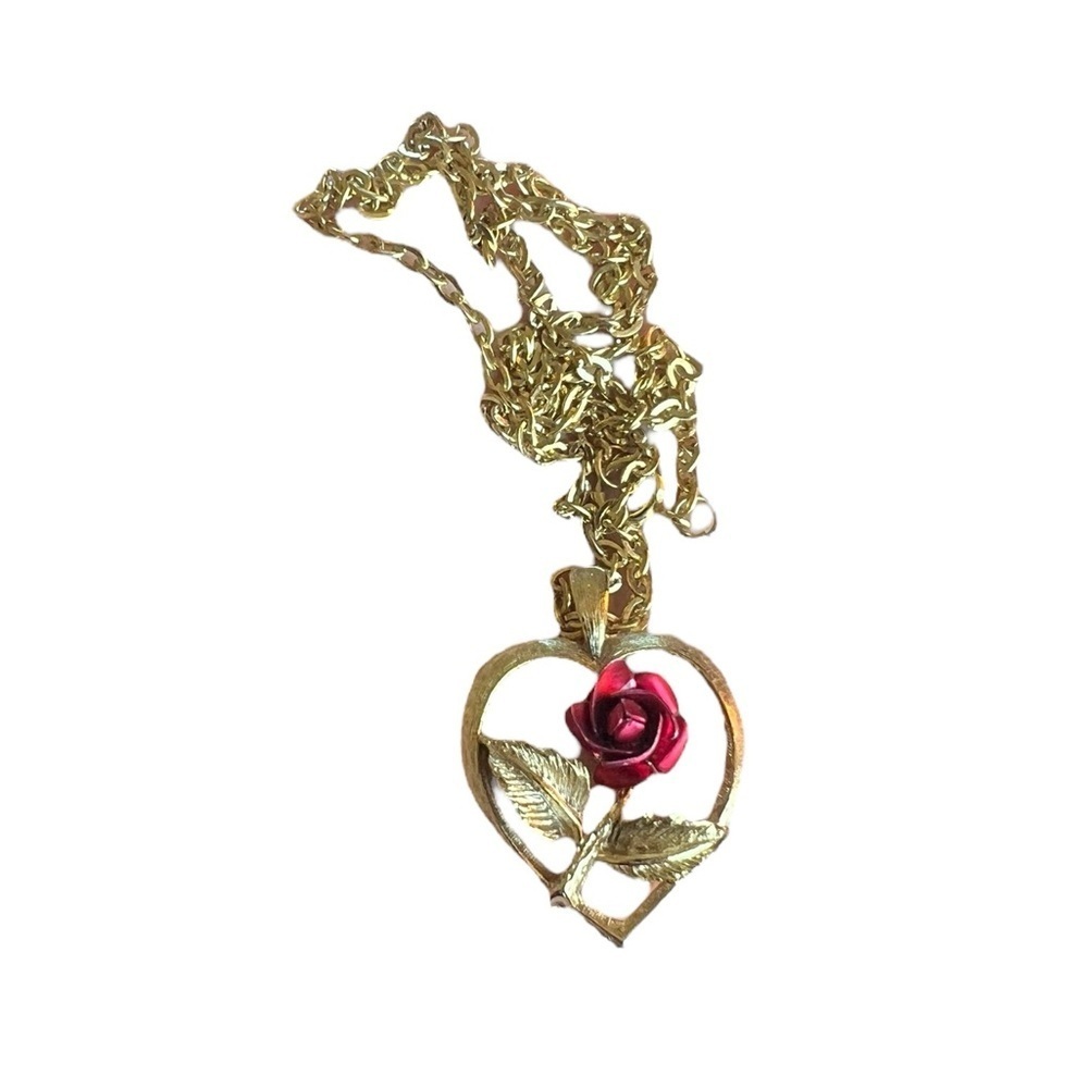 Vintage Gold Heart & Rose Pendant Necklace Romantic Whimsy - Picture 2 of 7